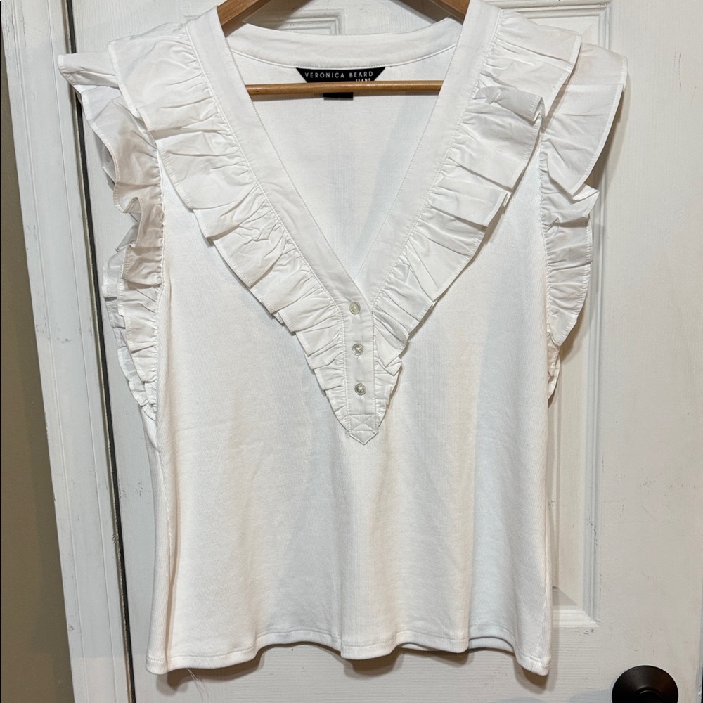 Veronica Beard White Ruffle V-Neck Blouse